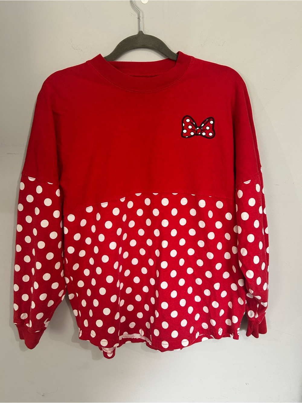 Disney Minnie Mouse Spirit Jersey Red Long Sleeve Polka Dot Top with Bow Accent